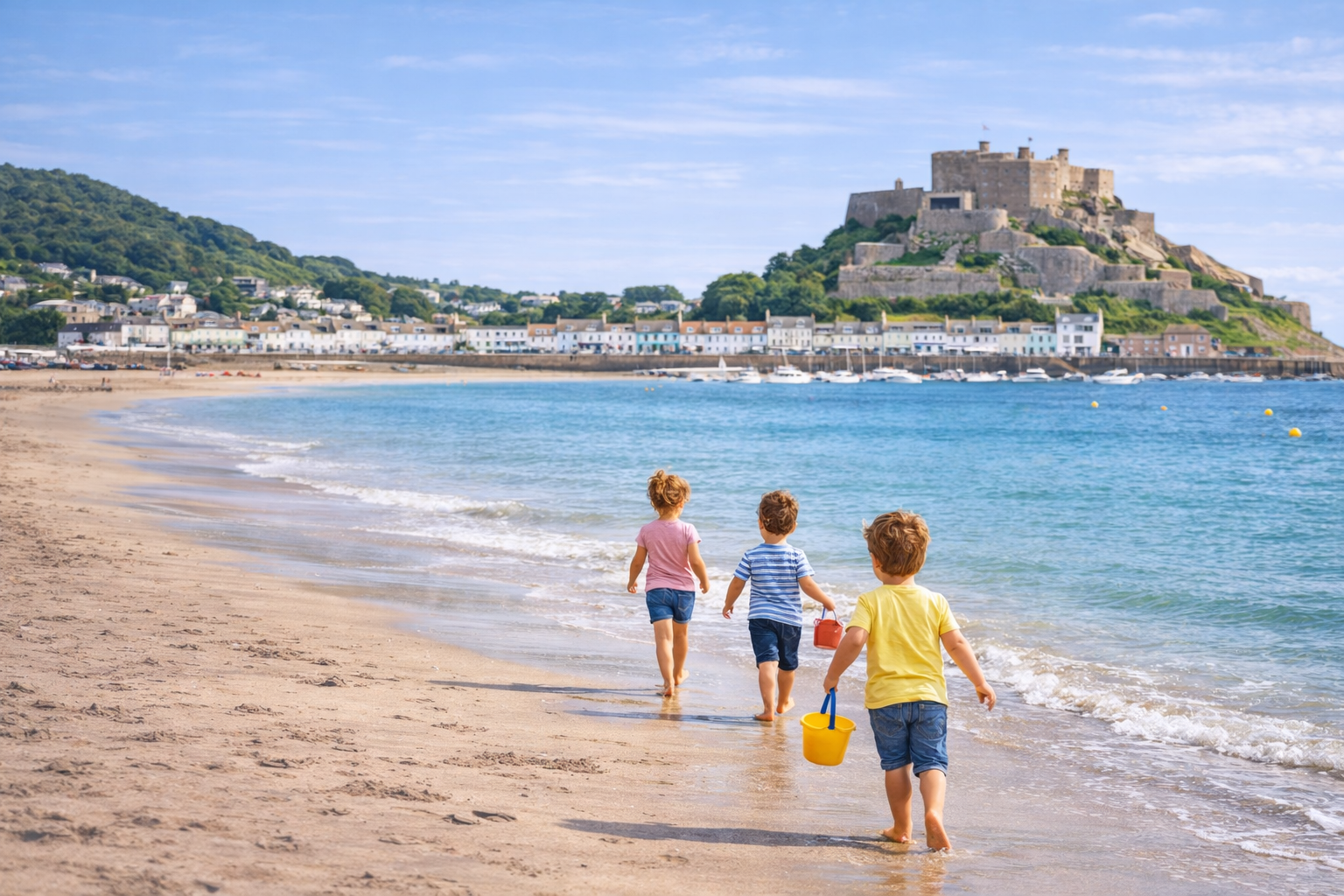 Children walking towards Mont Orgueil Castle 1